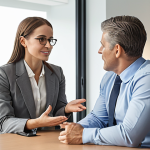 **

A financial advisor, mid-conversation with a client in a bright, modern office. The advisor is demonstrating empathy and active listening.  Focus on building trust and understanding their needs.

**