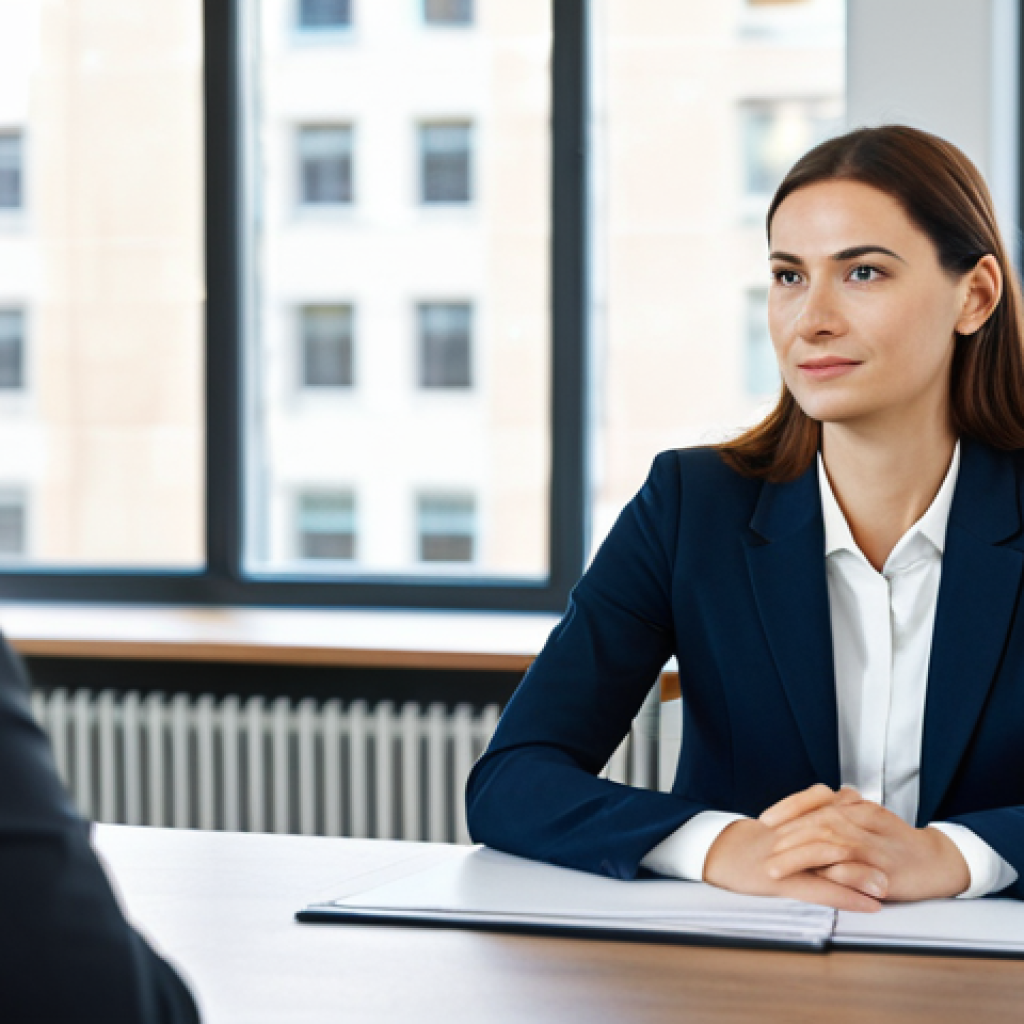 A professional female financial consultant in a modest business suit, seated at a polished wooden desk, attentively listening to a client (blurred or from behind, focusing on the consultant's empathetic posture), in a modern and bright office with large windows. The consultant has a calm, understanding expression, emphasizing active listening and trust-building. Fully clothed, appropriate attire, safe for work, perfect anatomy, correct proportions, natural pose, well-formed hands, proper finger count, professional photography, high quality, family-friendly.