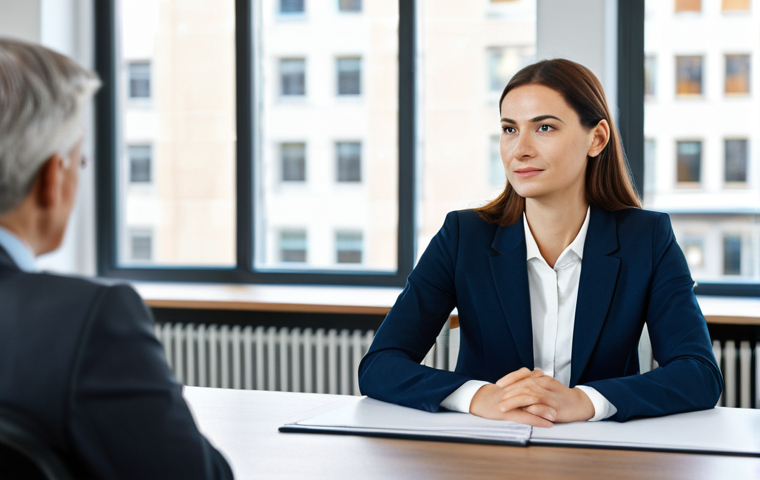 A professional female financial consultant in a modest business suit, seated at a polished wooden desk, attentively listening to a client (blurred or from behind, focusing on the consultant's empathetic posture), in a modern and bright office with large windows. The consultant has a calm, understanding expression, emphasizing active listening and trust-building. Fully clothed, appropriate attire, safe for work, perfect anatomy, correct proportions, natural pose, well-formed hands, proper finger count, professional photography, high quality, family-friendly.