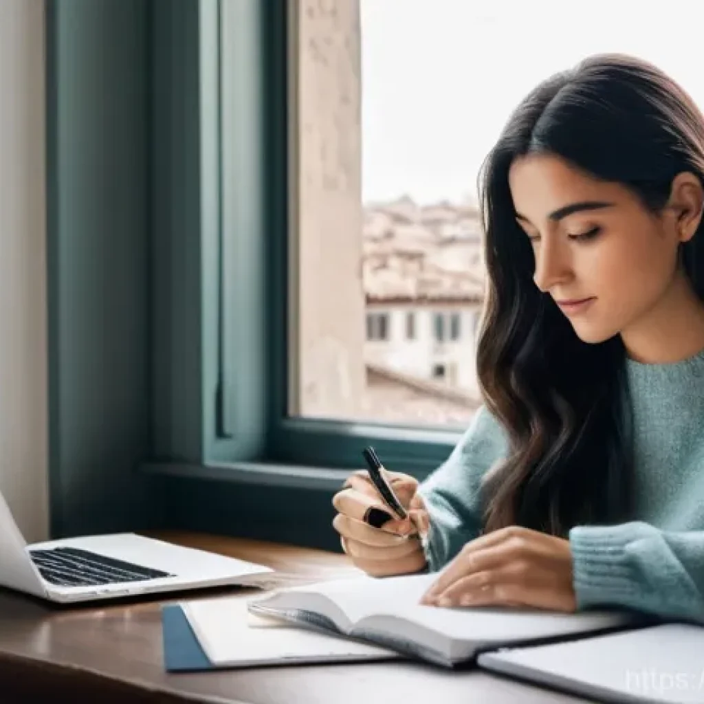 AFP 시험 준비를 위한 유튜브 추천 - **Prompt:** A young Italian woman in her early twenties, with long, dark hair, sits comfortably at a...