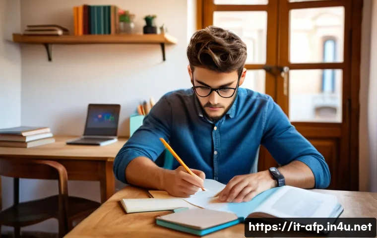 AFP 시험 난이도와 준비 전략 - A focused young adult studying at a well-organized desk in a cozy Italian apartment, surrounded by d...