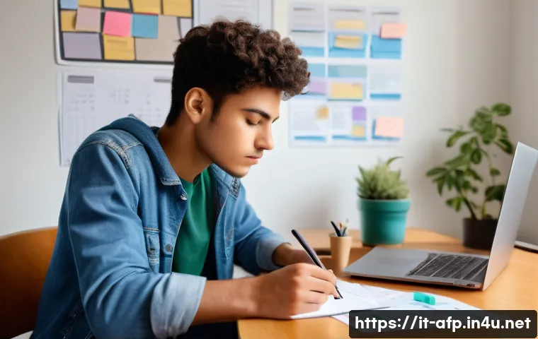 AFP 시험 후 경험담 나누기 - A focused young adult student of Italian descent studying at a clean, bright desk in a cozy home env...