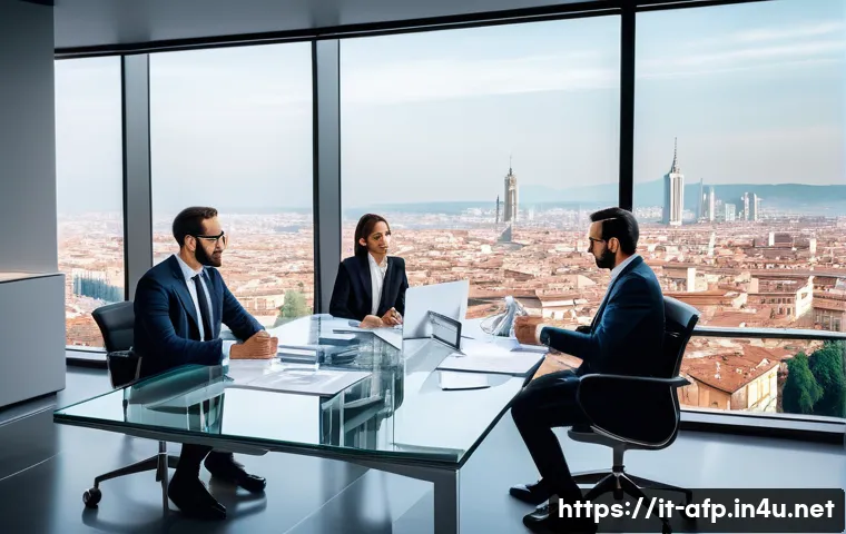 자산관리사의 업무 관련 법규 - A modern Italian financial office setting with professional asset managers discussing compliance reg...