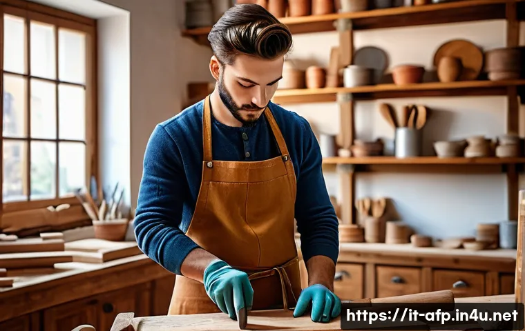 AFP 시험 후 채용 가능성 - A modern Italian artisan workshop scene showing a young adult male artisan wearing a neat work apron...